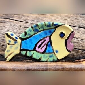 Artisan Handmade & Painted Plaster Fish Brooch EUC  2" X 1¼"